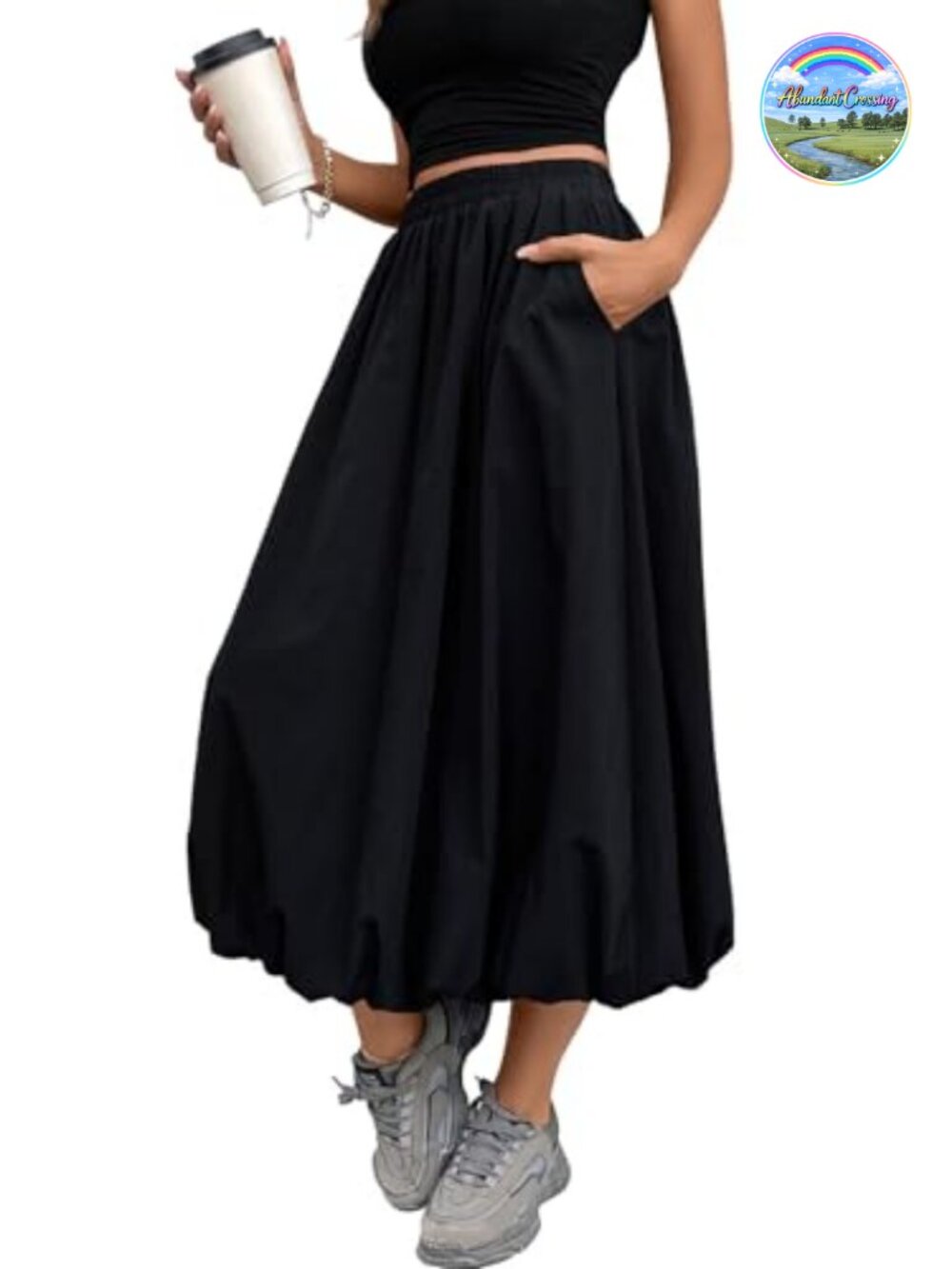 Bubble Skirt Elastic Waist Puffy Hem A-Line Long Skirt with Pockets